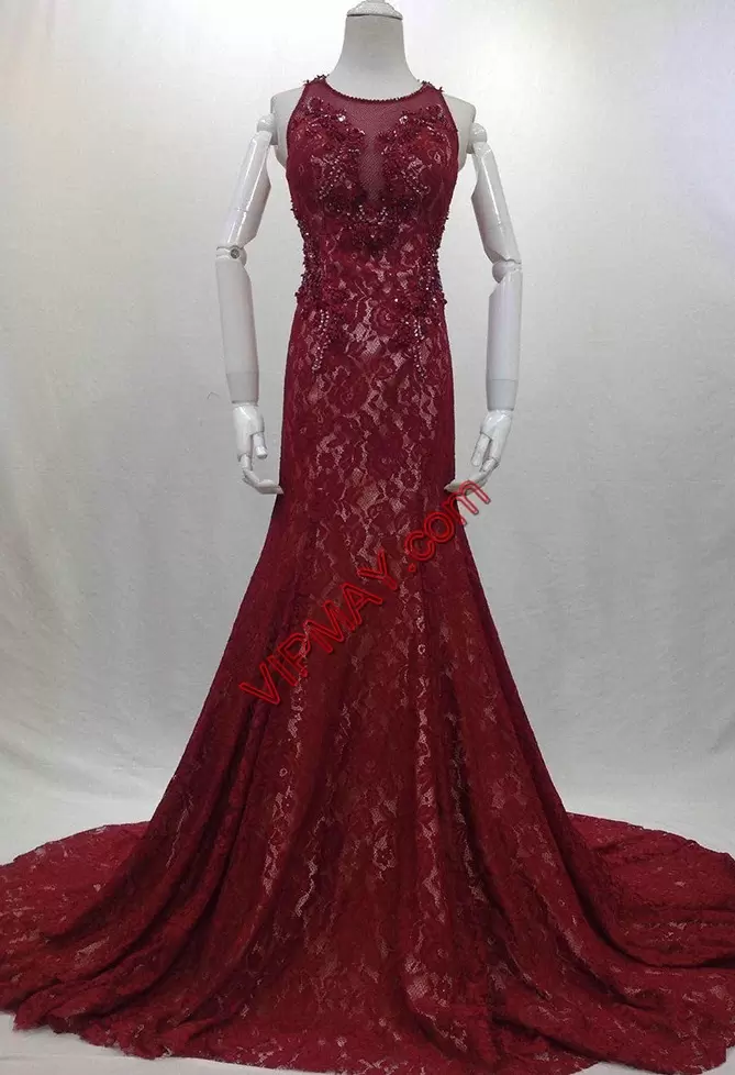 Fine Burgundy Homecoming Gowns Prom with Beading Scoop Sleeveless Brush Train