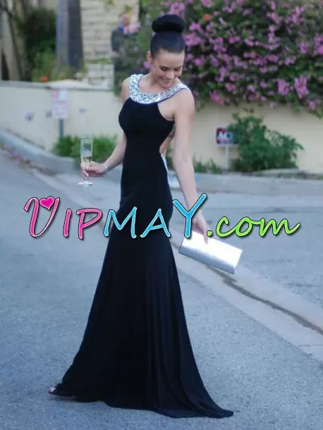 Black Sleeveless Sweep Train Backless Evening Dress for Prom and Party and Military Ball