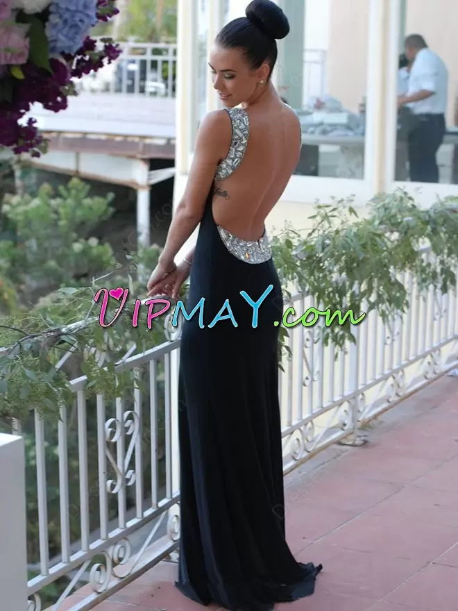 Black Sleeveless Sweep Train Backless Evening Dress for Prom and Party and Military Ball