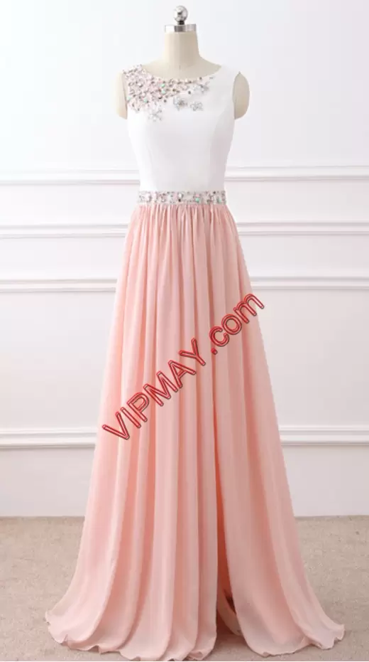 Graceful Baby Pink Chiffon Zipper Sleeveless Floor Length Beading