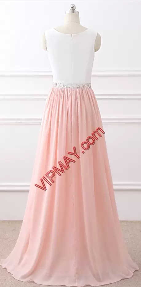 Graceful Baby Pink Chiffon Zipper Sleeveless Floor Length Beading