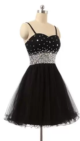 Black A-line Tulle Straps Sleeveless Beading Mini Length Homecoming Party Dress