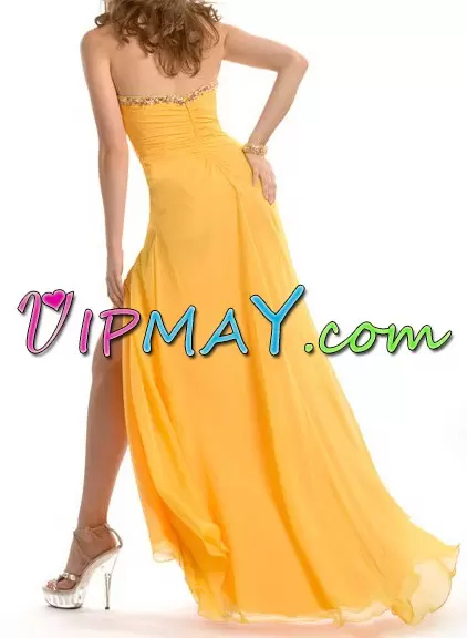 Yellow Zipper Front Slit Sexy Long Evening Gown with Rhinestone