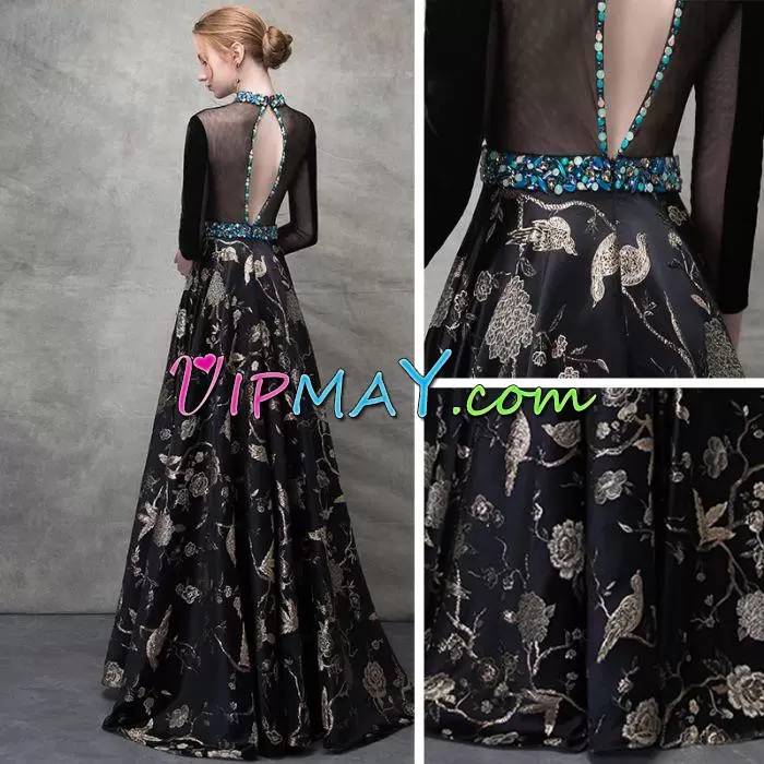 Long Sleeves Floor Length Homecoming Dresses and Beading and Embroidery