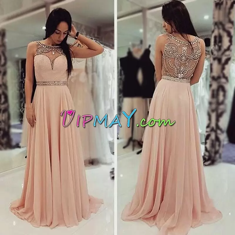 Chic Pink Side Zipper Prom Dress Beading Sleeveless Sweep Train