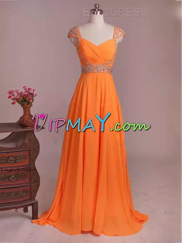 New Arrival Orange Sleeveless Floor Length Beading and Ruching Zipper Homecoming Party Dress Straps