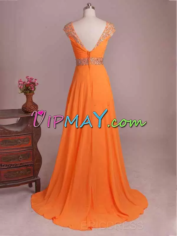 New Arrival Orange Sleeveless Floor Length Beading and Ruching Zipper Homecoming Party Dress Straps