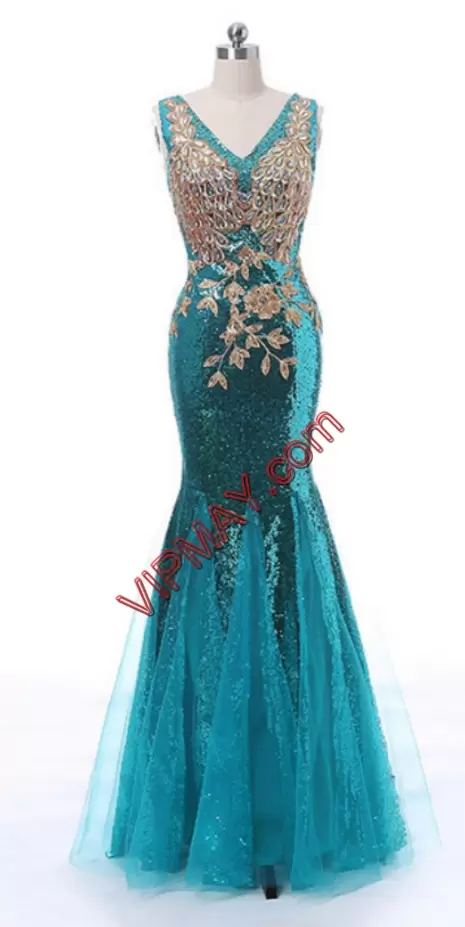 On Sale Mermaid Prom Gown Teal V-neck Tulle and Sequined Sleeveless Floor Length Zipper