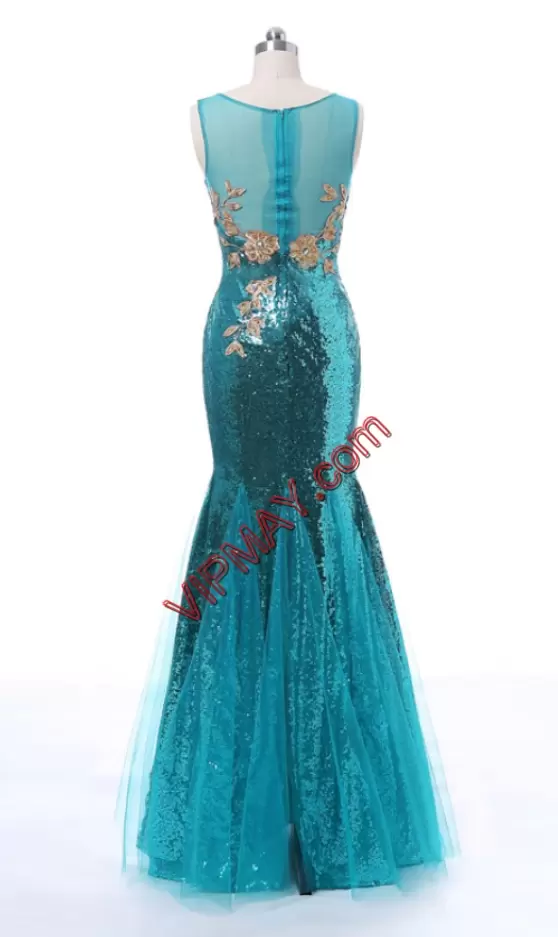 On Sale Mermaid Prom Gown Teal V-neck Tulle and Sequined Sleeveless Floor Length Zipper