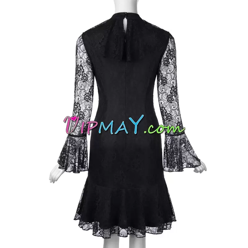 Dramatic Black Side Zipper Prom Dress Lace Long Sleeves Mini Length