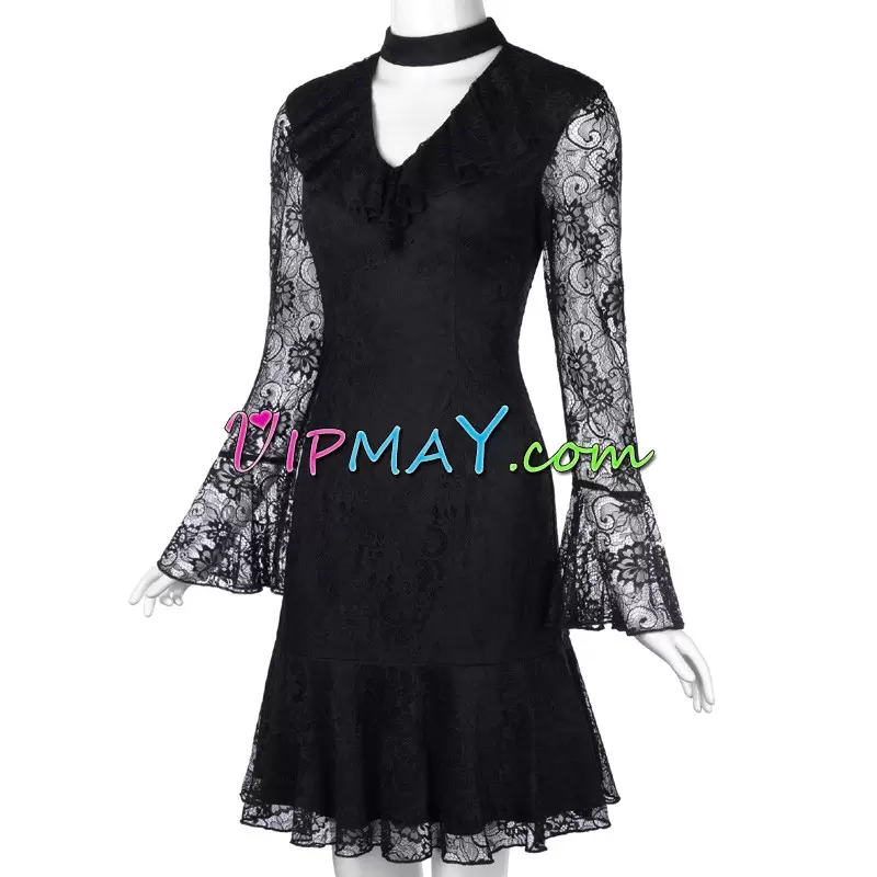 Dramatic Black Side Zipper Prom Dress Lace Long Sleeves Mini Length