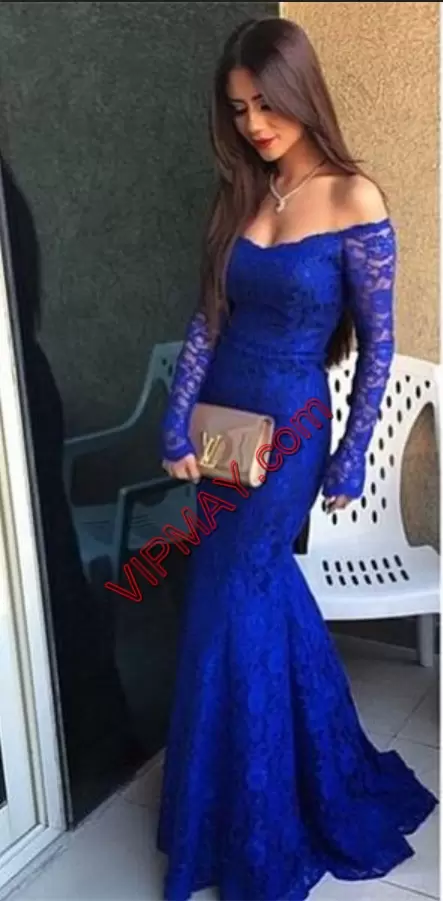 Sophisticated Royal Blue Lace Up Prom Evening Gown Lace Long Sleeves Sweep Train