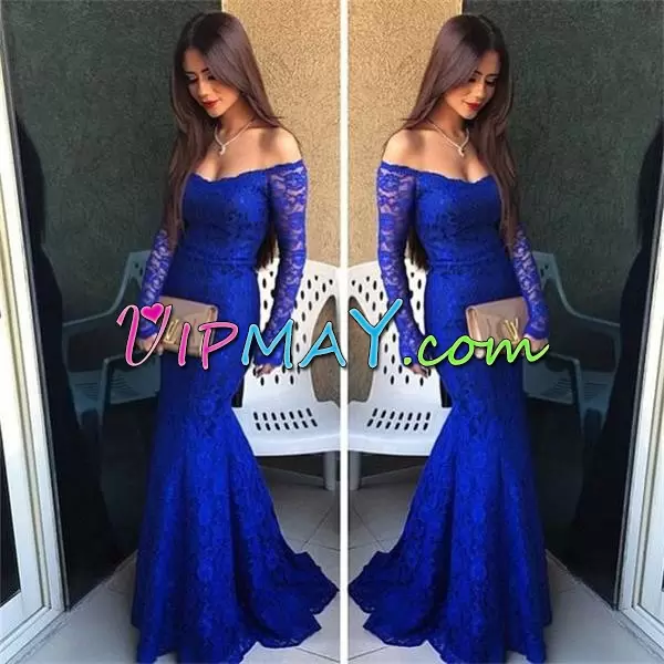 Sophisticated Royal Blue Lace Up Prom Evening Gown Lace Long Sleeves Sweep Train