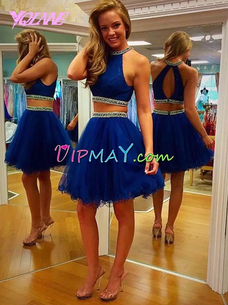 Top Selling Royal Blue Backless Halter Top Beading Hoco Dress Organza and Tulle Sleeveless
