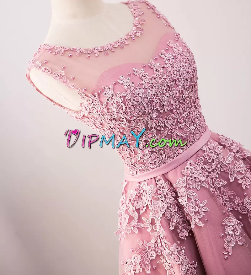 Pretty Pink Zipper Prom Party Dress Beading and Appliques Sleeveless Mini Length