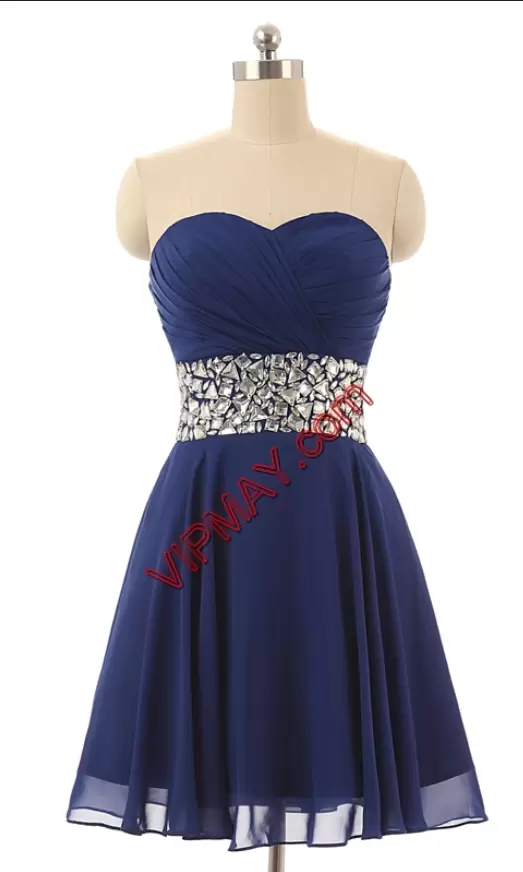 Modest Chiffon Sweetheart Sleeveless Lace Up Beading Dress for Prom in Navy Blue