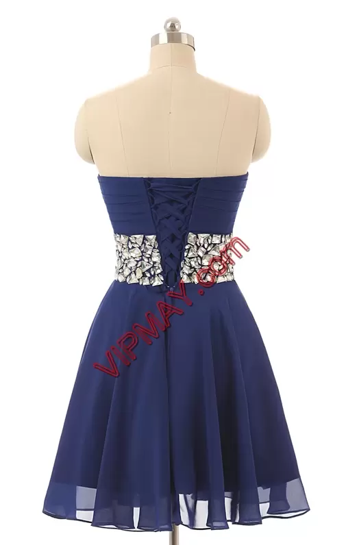 Modest Chiffon Sweetheart Sleeveless Lace Up Beading Dress for Prom in Navy Blue