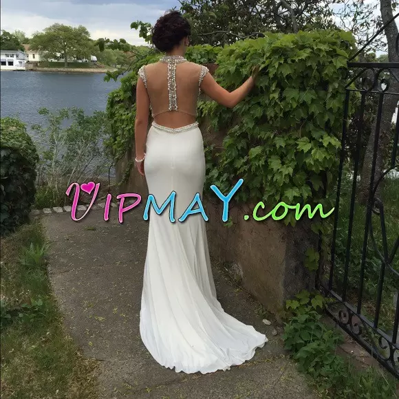 Sleeveless High-neck Sweep Train Zipper Beading Prom Homecoming Dress High-neck