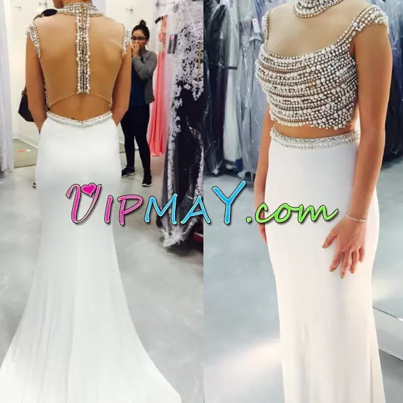 Sleeveless High-neck Sweep Train Zipper Beading Prom Homecoming Dress High-neck