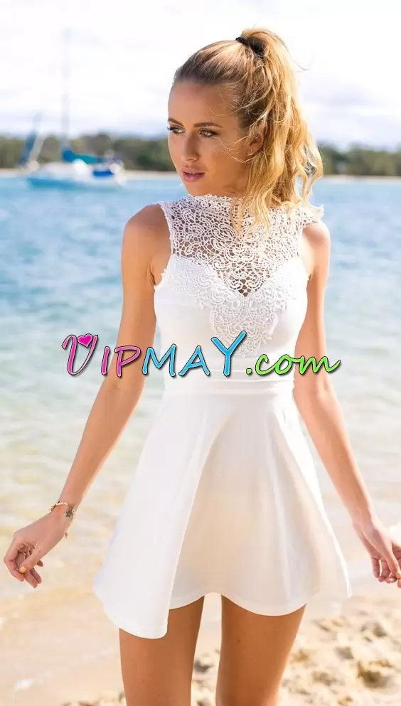 High-neck Sleeveless Prom Dresses Mini Length Lace White Satin