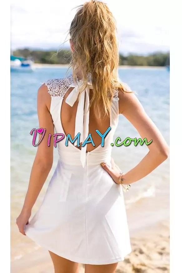 High-neck Sleeveless Prom Dresses Mini Length Lace White Satin