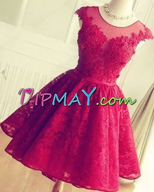 Romantic Wine Red Lace Backless Prom Dress Sleeveless Mini Length Lace