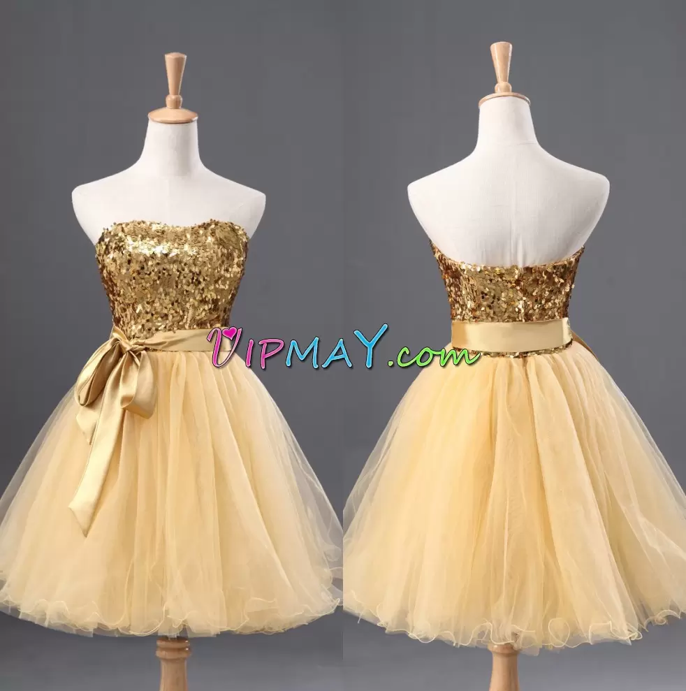 Dramatic Gold Tulle and Sequined Zipper Sweetheart Sleeveless Mini Length Evening Dress Sequins and Bowknot and Belt