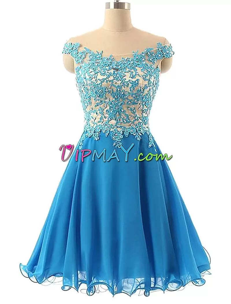 A-line Homecoming Dress Blue Off The Shoulder Chiffon Sleeveless Mini Length Zipper