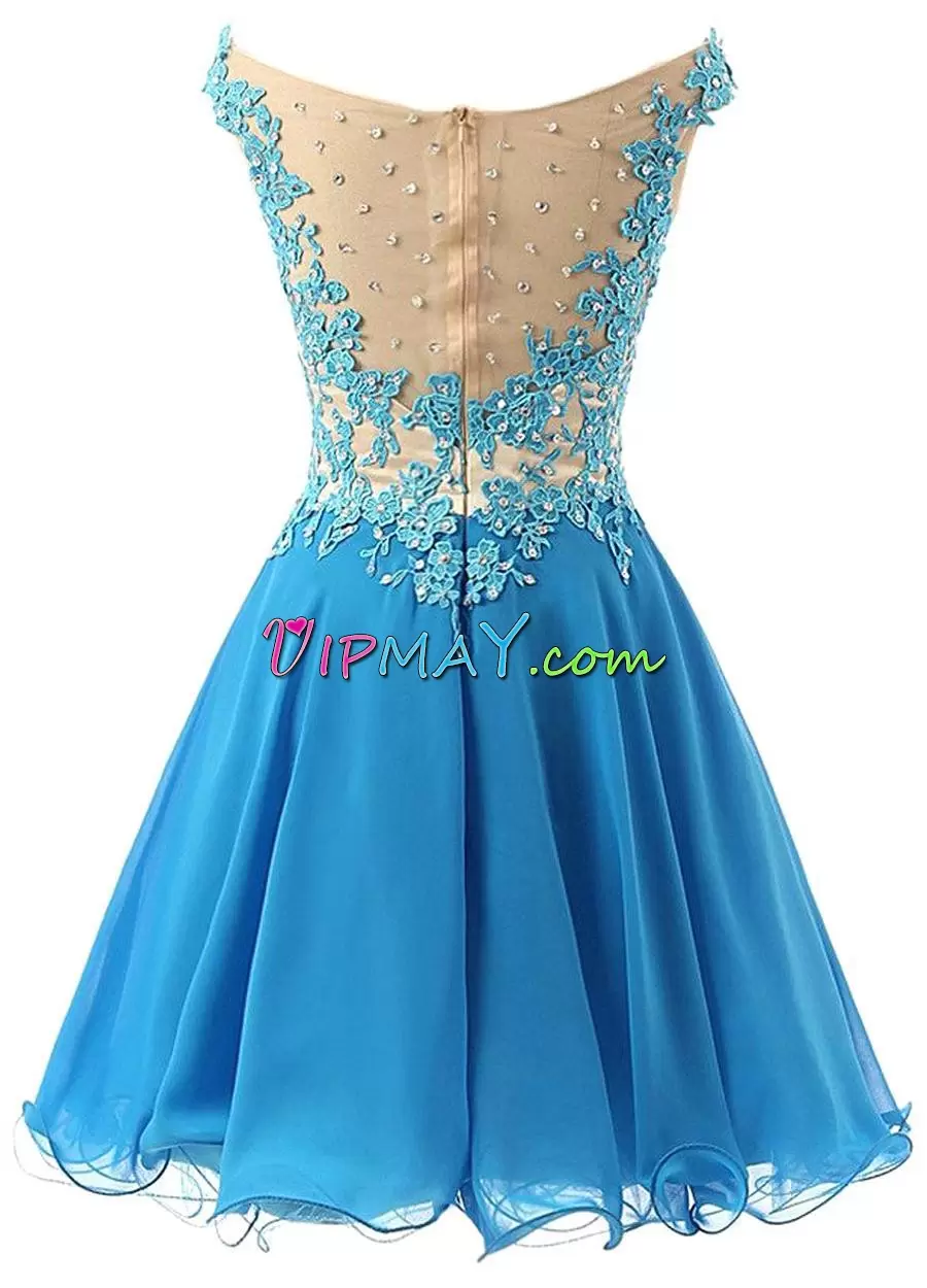 A-line Homecoming Dress Blue Off The Shoulder Chiffon Sleeveless Mini Length Zipper