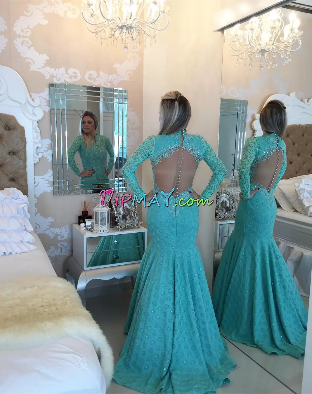 High-neck Long Sleeves Satin Prom Party Dress Beading and Pattern Zipper