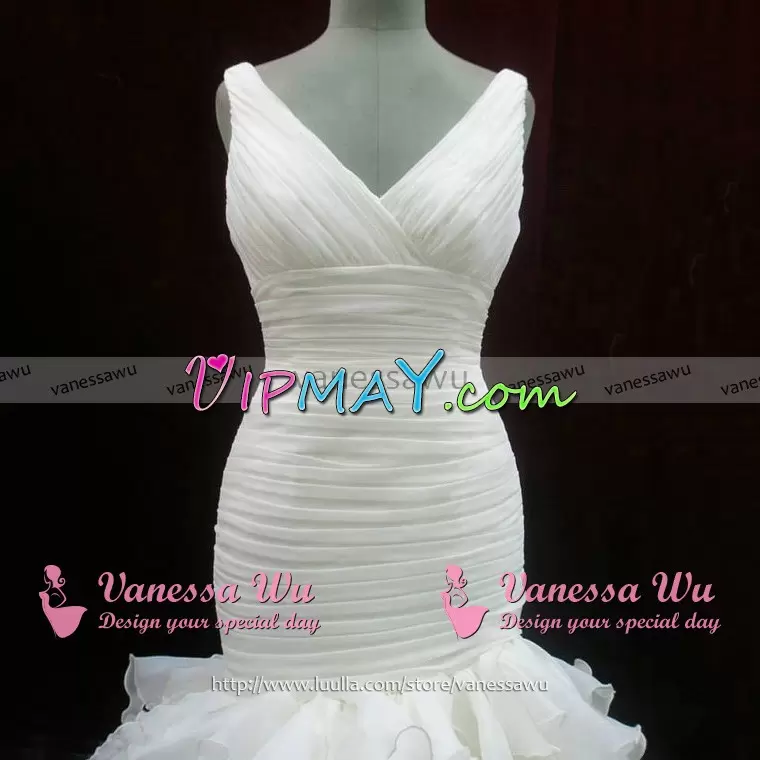 Fantastic White V-neck Neckline Beading and Ruching Homecoming Dress Sleeveless Zipper