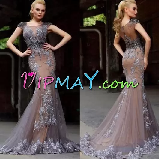 Hot Sale Zipper Dress for Prom Grey for Prom and Party with Lace and Appliques Sweep Train