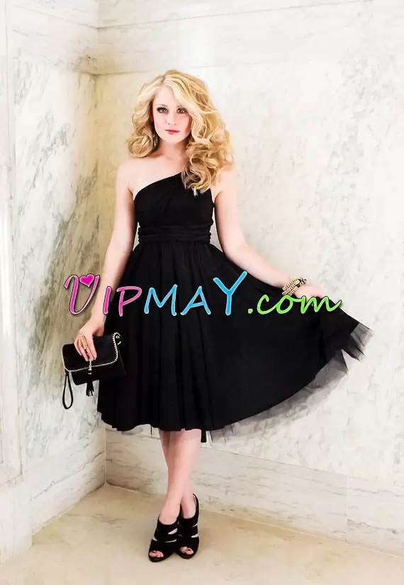 One Shoulder Sleeveless Side Zipper Black Tulle Ruching