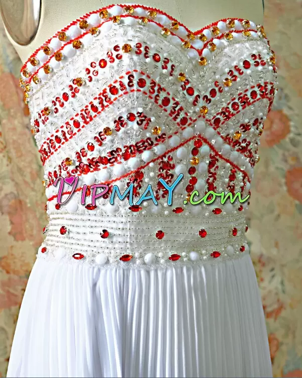 White Chiffon Lace Up Sleeveless Floor Length Beading and Ruching