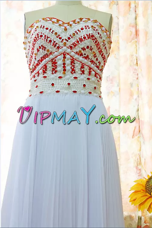 White Chiffon Lace Up Sleeveless Floor Length Beading and Ruching