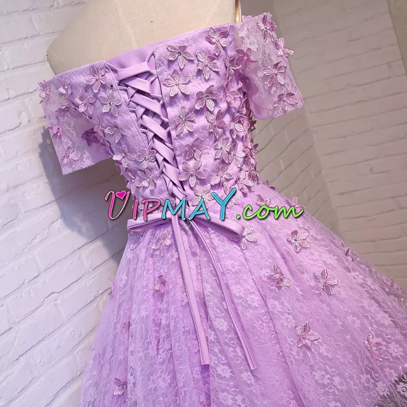 Lavender Lace Lace Up Short Sleeves Mini Length Appliques