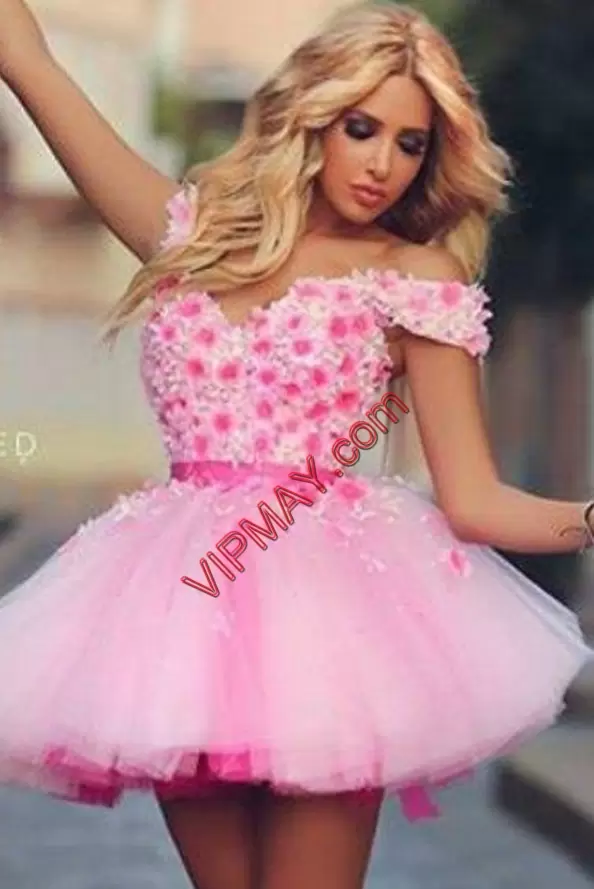 A-line Prom Gown Pink Off The Shoulder Tulle Sleeveless Mini Length Lace Up