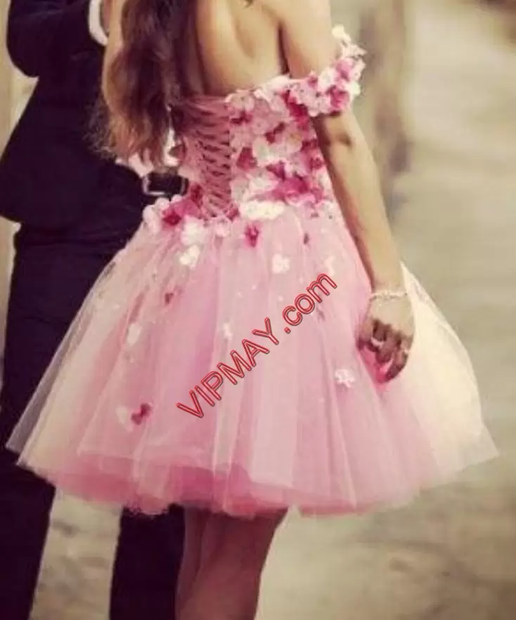 A-line Prom Gown Pink Off The Shoulder Tulle Sleeveless Mini Length Lace Up