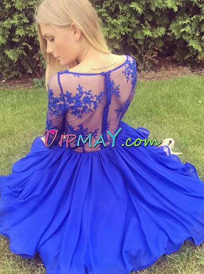 Royal Blue Long Sleeves Lace and Appliques Knee Length Prom Dresses