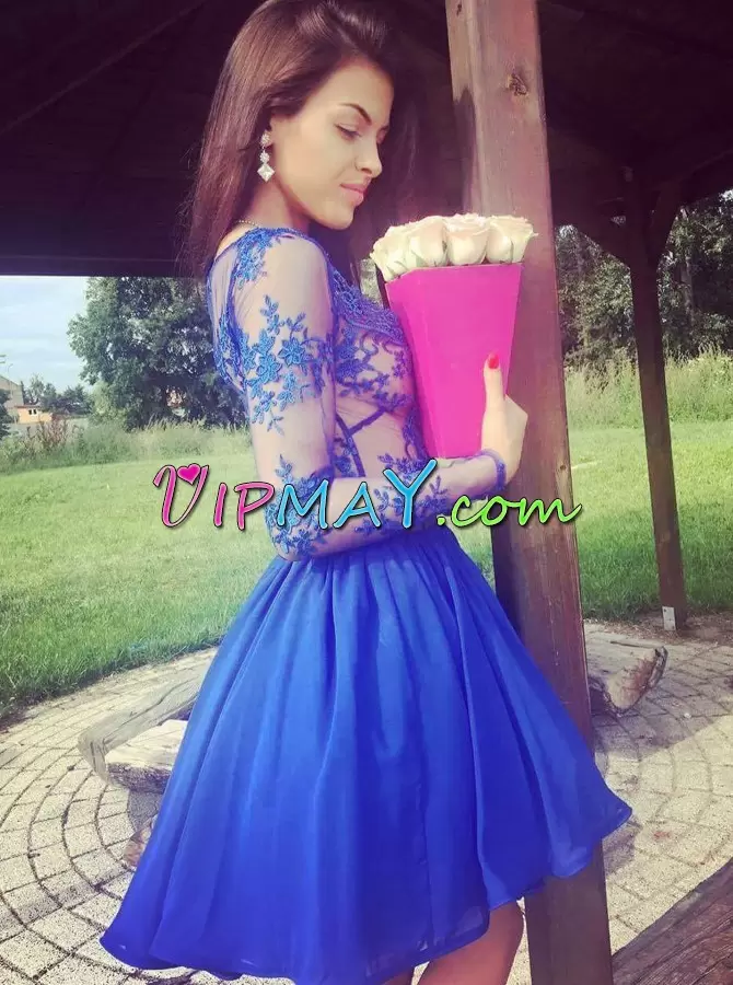 Royal Blue Long Sleeves Lace and Appliques Knee Length Prom Dresses