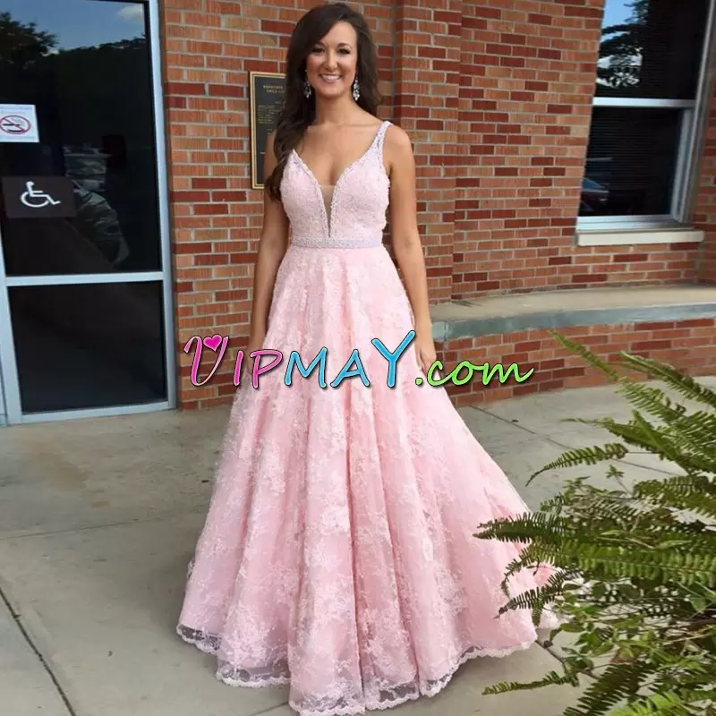 Beautiful A-line Going Out Dresses Pink V-neck Lace Sleeveless Floor Length Lace Up