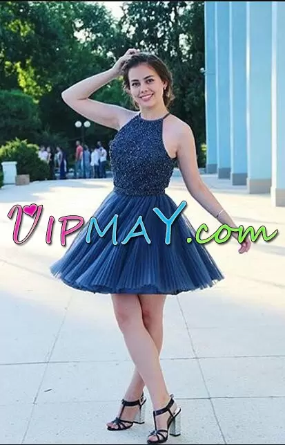 Edgy A-line Homecoming Dress Navy Blue Halter Top Tulle Sleeveless Mini Length