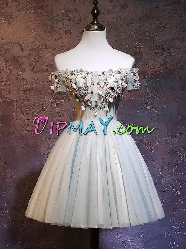 Simple Off The Shoulder Short Sleeves Lace Up Blue Tulle Hand Made Flower