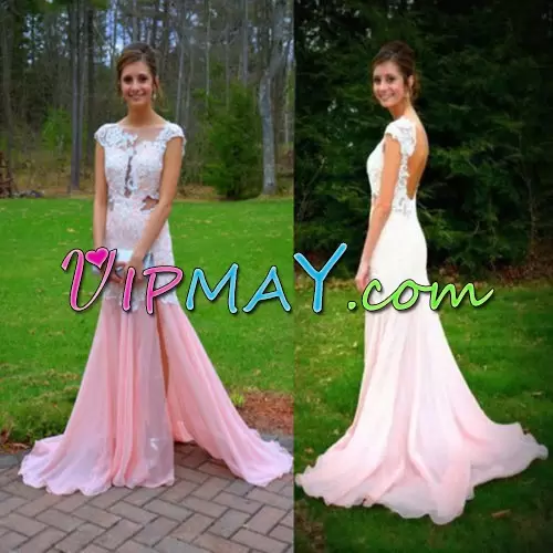 With Train Pink Prom Dresses Chiffon Cap Sleeves Appliques