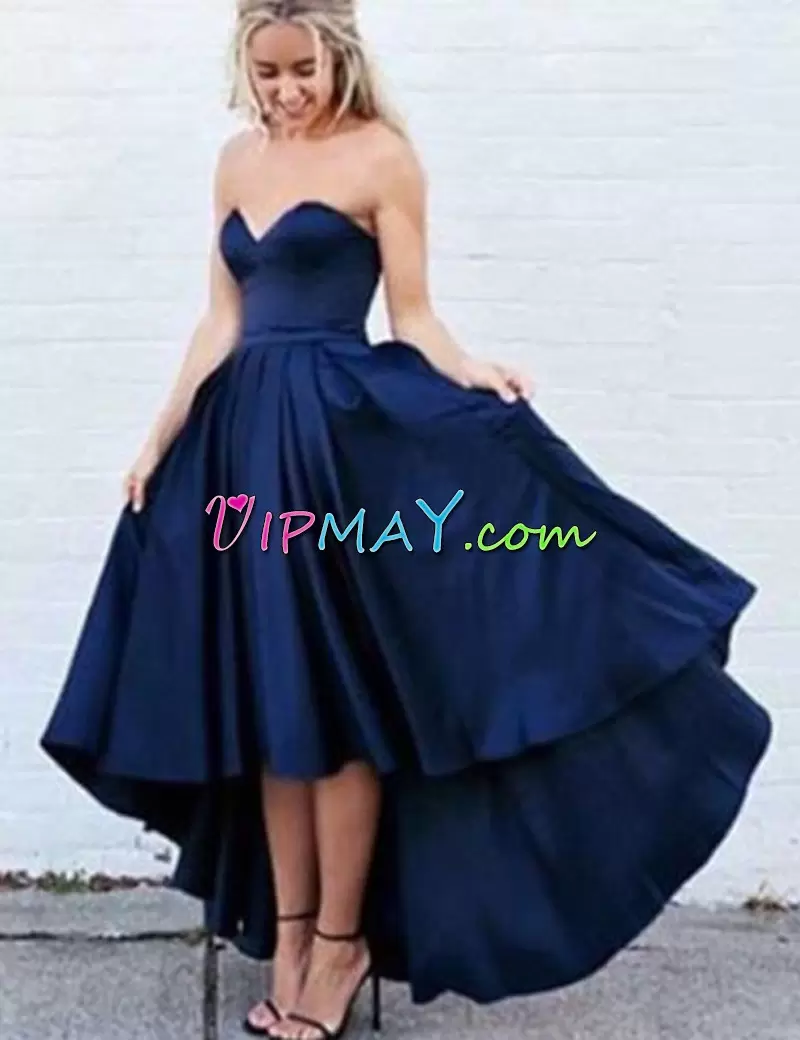 Pretty Navy Blue Sleeveless Satin Lace Up Hoco Dress for Prom and Party