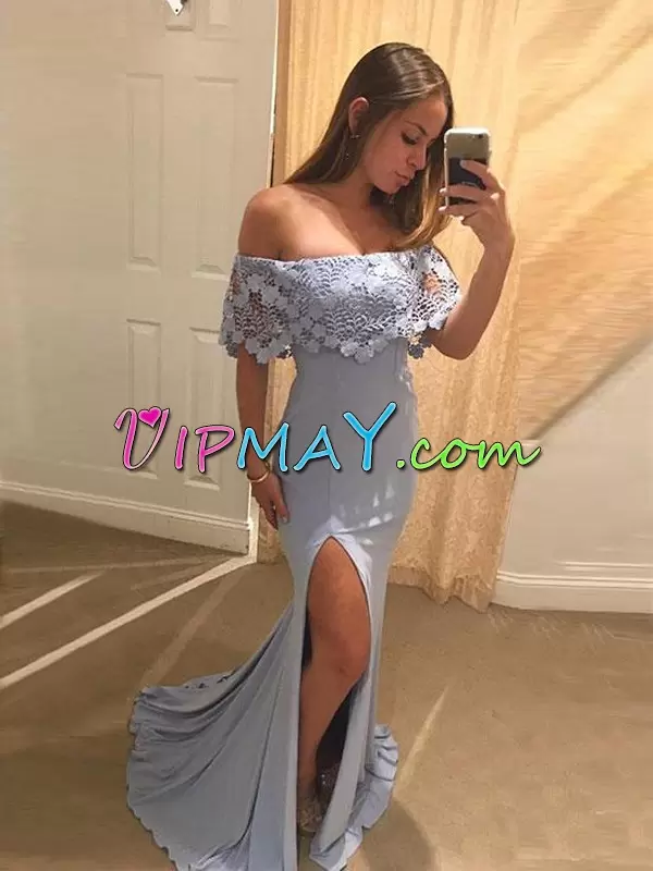Chic Light Blue Off The Shoulder Lace Short Sleeves