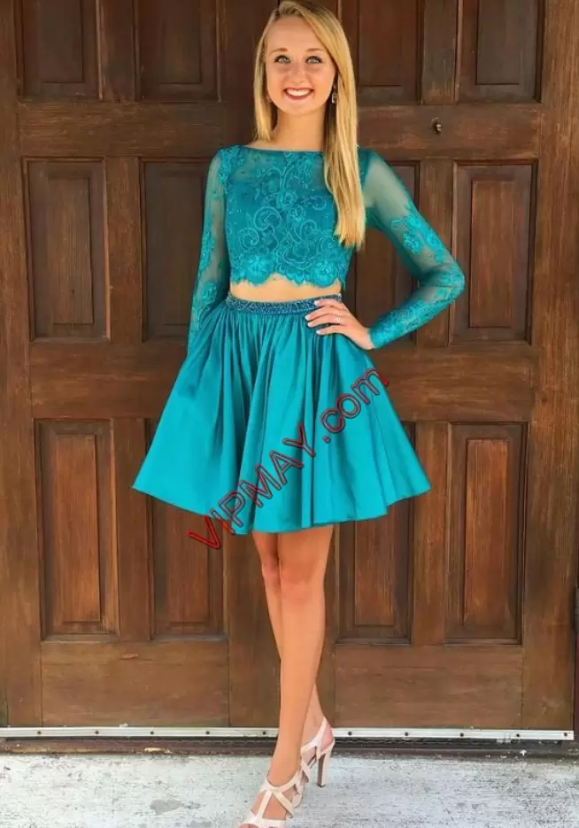 Glamorous Teal Homecoming Dress Prom with Beading and Lace Bateau Long Sleeves