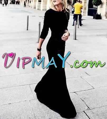 Custom Made 3 4 Length Sleeve Floor Length Ruching Junior Homecoming Dress with Black