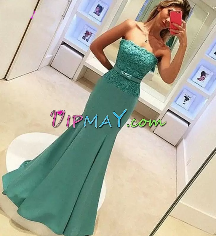 Top Selling Bodycon Mermaid Long Homecoming Dresses Beading and Lace Green Satin