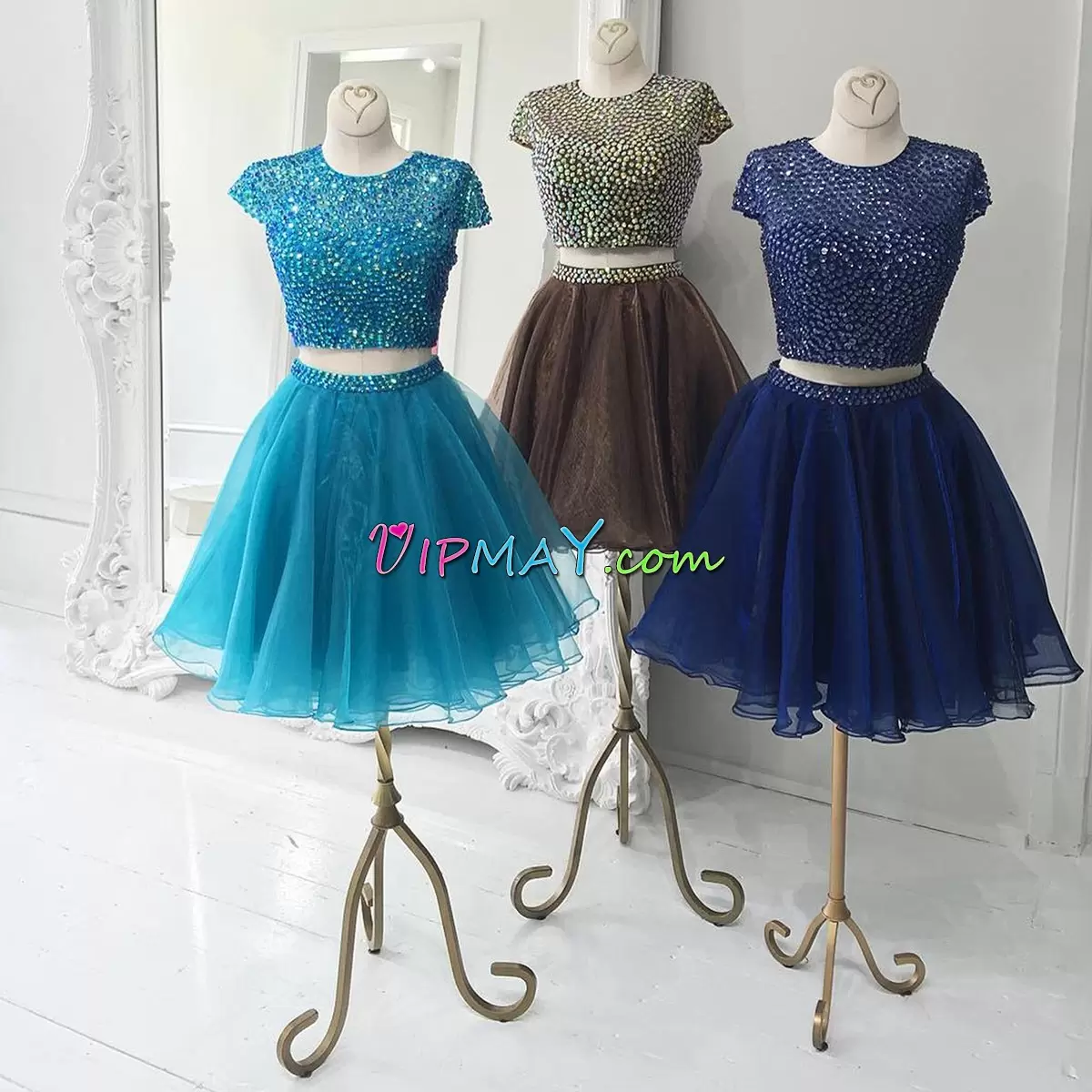 Enchanting Teal Scoop Beading Prom Dress Cap Sleeves